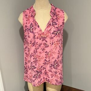 LOFT Vine Shirred Tie Neck Mixed Media Sleeveless Top Size S